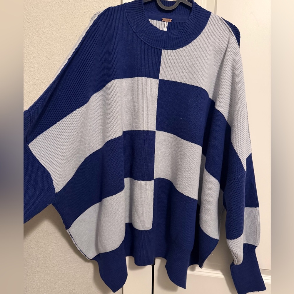 Free People Easy Street Tunic Blue and Gray Checkered Sweater - Picture 2 of 5